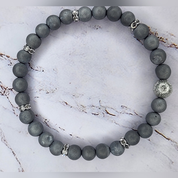 Silver Gemstone Druzy Agate Beaded Stretch Bracelet Smooth Matte rhinestone - Picture 1 of 9